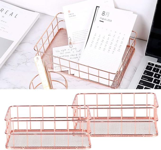 2PCS Nordic Simple Rose Gold Wrought Iron Storage Basket Desktop Organizer Container Household Storage Organizer for Living Room Bathroom Office Durable Iron Material Stylish Decor (Small Size)