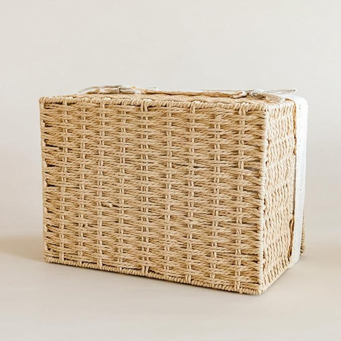 Wicker Shelf Basket with Lid Paper Storage Baskets for Shelves Medium Storage Bin with Removable Liner Nesting Decorative Woven Basket for Makeup Closet Organizer (Medium, Khaki)