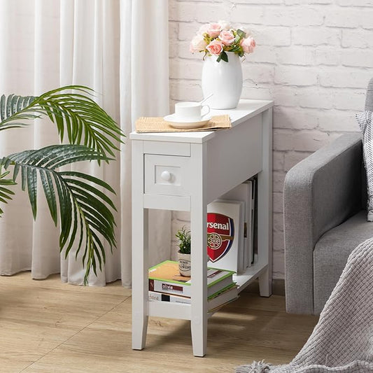 Narrow Side Table with Storage Drawer - White Slim Nightstand for Small Spaces