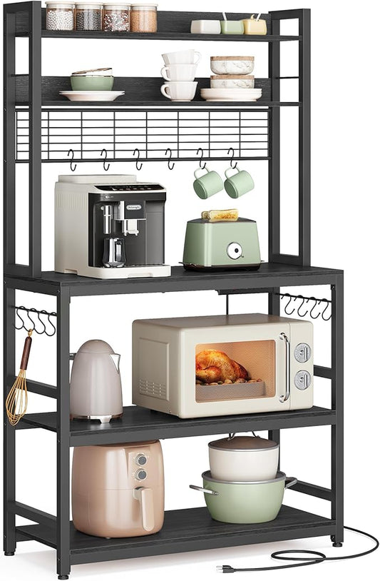 VASAGLE Bakers Rack with Power Outlet, Microwave Stand, Kitchen Tall Utility Storage Shelf, with Metal Wire Panel, 14 Hooks, 15.7 x 31.5 x 66.9 Inches, Charcoal Gray and Ink Black UKKS025B22