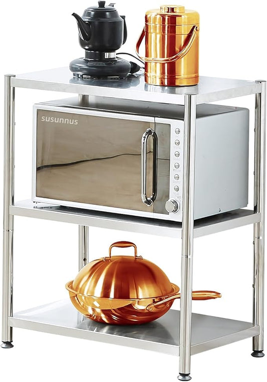 susunnus 3-Tier Stainless Steel Shelf, Heavy Duty Shelving for Kitchen, Garage, Industrial Storage, Kitchen Shelves Adjustable Feet, Easy to Clean(3T-24.8in*15.8in(Without guardrails))