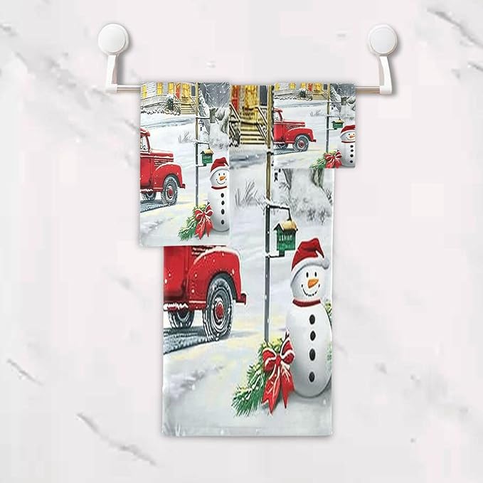 Red Xmas Tree Truck Winter Snowflake Dog Towels Set of 3 Christmas Winter Bathroom Towel Soft Absorbent Bath Hand Towels Washcloth Guest Towel Sets Merry Christmas Xmas Bathroom Decor Gifts