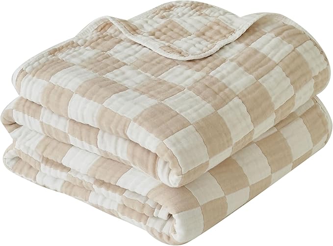 Ultra Soft Cozy 6-Layer Muslin 100% Cotton Checkered Throw Blanket Breathable Lightweight Checkboard Bed Blankets Decorative for Sofa Bed All Seasons Both Sides (Cream, Throw 50"x60")