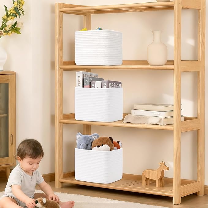 3 Pack Cube Storage Bin, 9”x9”x7” Cotton Rope Woven Baskets for Organizing Toys Clothes Towels, Square Gift Storage Baskets for Shelves, Nursery, Closet, Bathroom, Pantry (White)