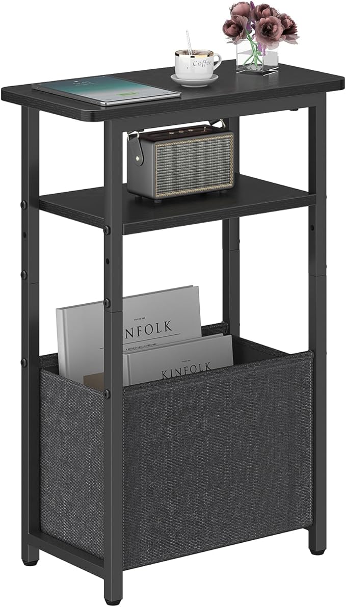 Narrow Side Table, Skinny End Tables with Fabric Basket, Small Side Tables for Small Space, 2-Tier Open Shelves with Basket, Slim Nightstands for Bedroom,Living Room,Office, Black