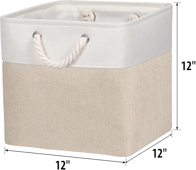 Univivi Fabric Storage Cubes 12 inch Cube Storage Bins with Rope Handles, Storage Baskets Cubes Organizer for Home Shelf Closet (White&Beige Brown , 4-Pack)