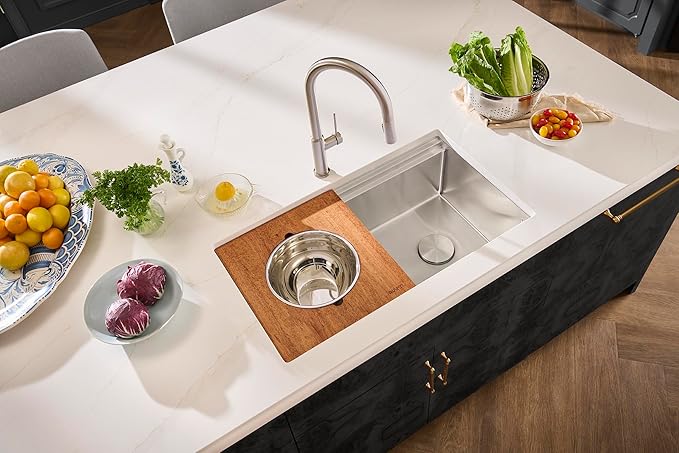 Ruvati 33-inch Rounded Corner 16 Gauge Stainless Steel Workstation Sink - Modern Two-Tiered Ledge Undermount Kitchen Sink, Perfect for Stainless Steel Sink Kitchens - RVH6222ST