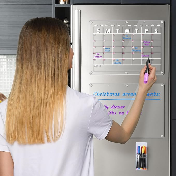 Acrylic Magnetic Dry Erase Board Calendar for Fridge 2 Set, 16.5"x12" Inch Clear Dry Erase Calendar for Refrigerator, Acrylic Planner Calendars Includes 6 Colors Markers with Eraser
