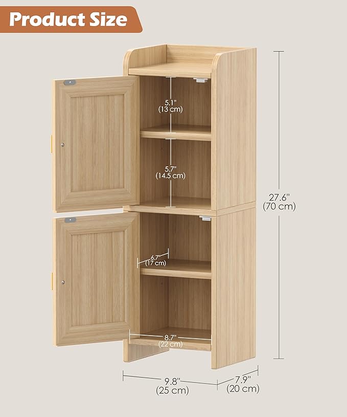 Rattan Small Bathroom Cabinet with 2 Doors, 7.9''D x 9.8''W Narrow Toilet Paper Storage Cabinet, Bathroom Organizer for Small Spaces, Wooden Slim Corner Unit with Adjustable Shelf, Natural Oak