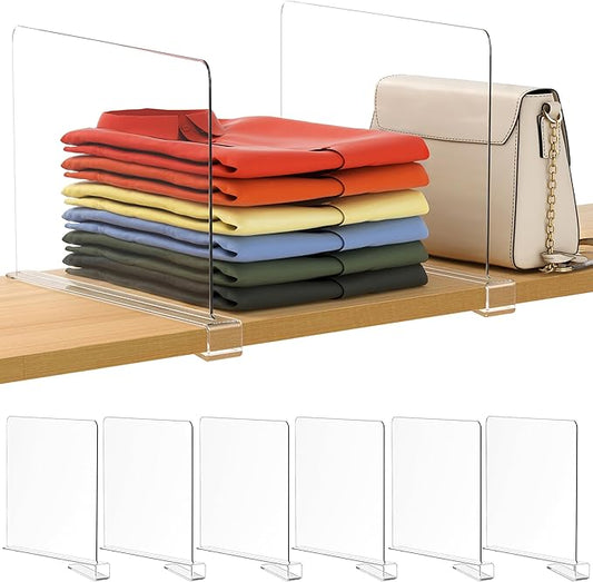 6 Pack 12 Inches [Extra Tall Version] Clear Shelf Dividers for Organization, Acrylic Closet Shelf Vertical Shelves Organizer for Bedroom, Office and Kitchen