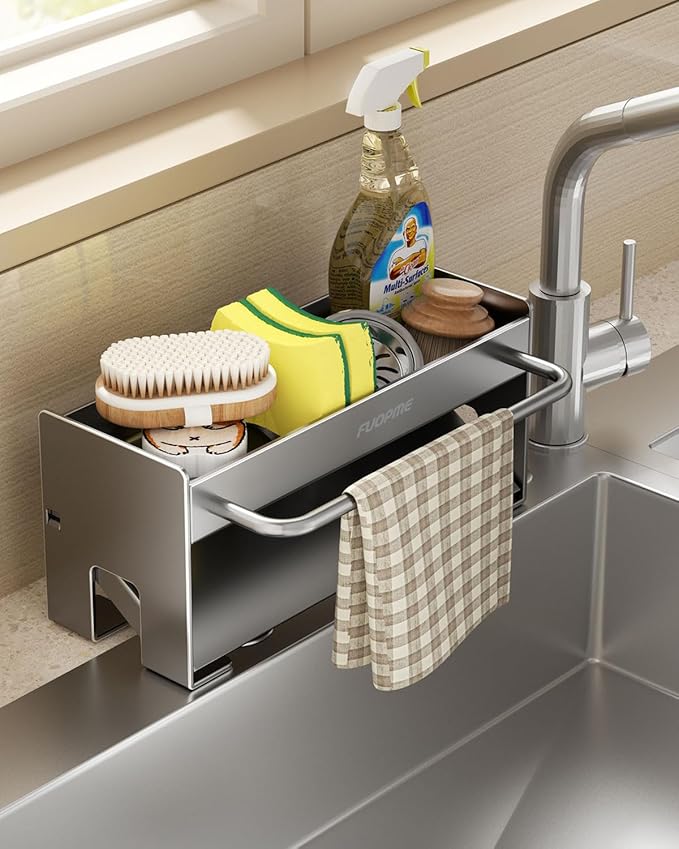 Kitchen Sink Organizer Sponge Holder:Sink Caddy with Dishrag Holder,Rustproof Carbon Steel with Auto-Drain,Dish Sponge & Soap Dispenser Towel Rack for Kitchen Countertop Storage, Grey