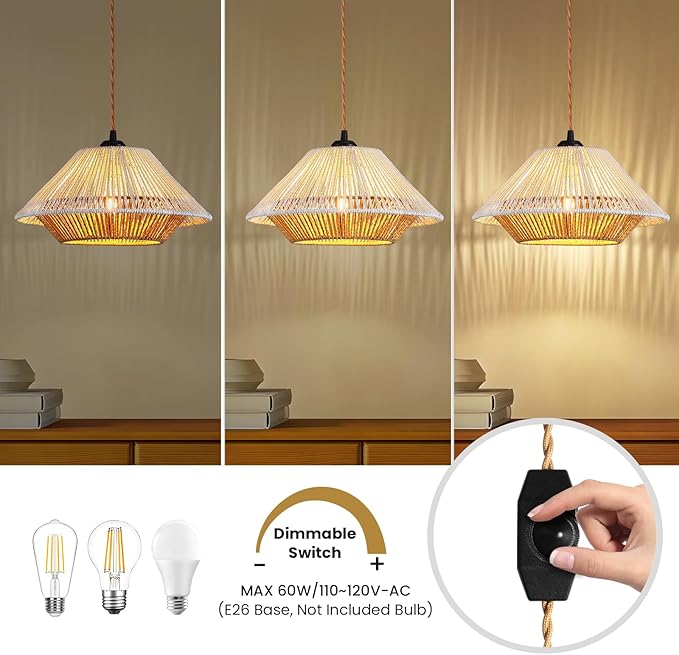 Boho Plug in Hanging Light - 12.7 Inch Rattan Plug in Pendant Light Dimmable Wicker Bamboo Woven Lampshade Hanging Lamp for Bedroom Living Room Farmhouse