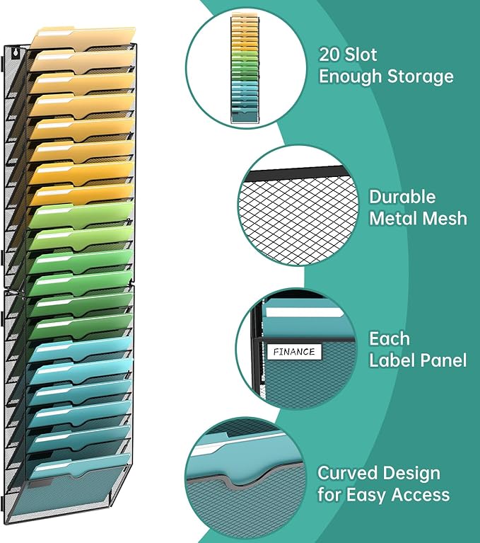 SUPEASY 20-Tier Wall File Organizer Mesh Office Mail Holder, Hanging Wall Organizer Magazine Rack for Office Assembly Needed, Black