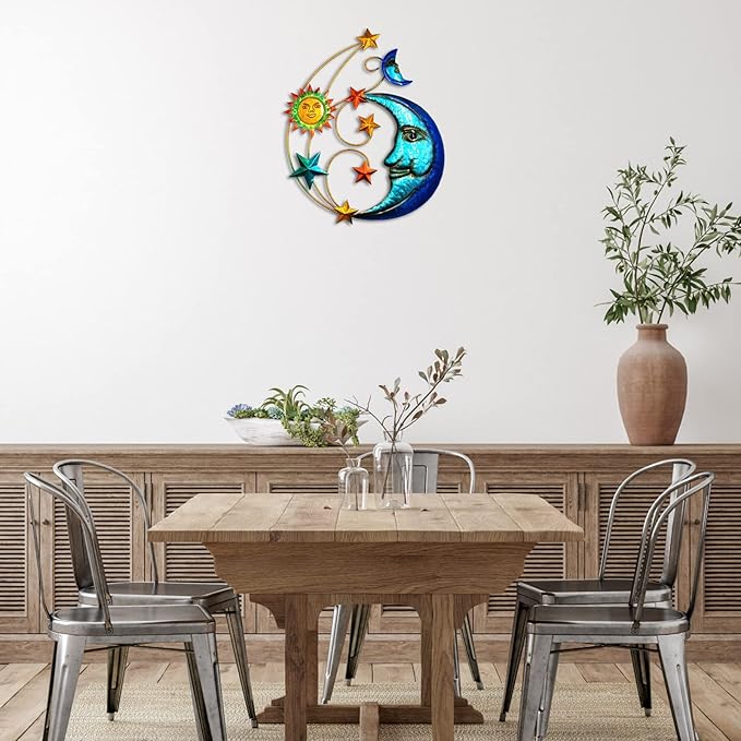 Metal Sun Outdoor Wall Art Decor, Large Size 17'' Sun Face Metal Wall Sculpture with Moon & Stars for Home Wall Decoration Living Room, Bedroom, Outside Decor for Yard, Patio, Garden Fence Deck Pool