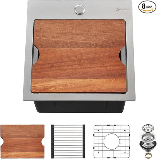 Kitchen Sink, 15 x 15 x 10 inch Small Bar Prep Sink 16 Gauge Stainless Steel Drop Single Bowl Workstation with Cutting Board