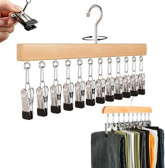 Closet Organizer with 10 Clips - Space Saving Hanging Closet Organizer, 2026 Upgraded Legging Hangers for Closet, 360° Rotating Metal Clips with Silicone Lining for Clothes (New-Wood, 1PC)