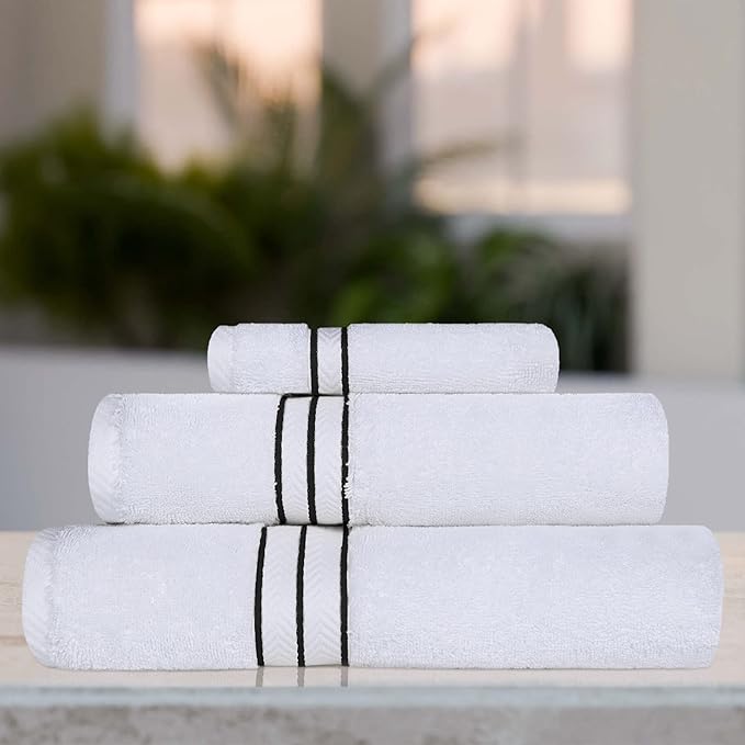 Superior Hotel Turkish Cotton 3 Piece Towel Set, Ultra Plush Spa Quality Heavyweight Essentials for Bathroom, Thick Absorbent and Soft, Dobby Border, Includes 1 Bath 1 Hand 1 Washcloth, Black