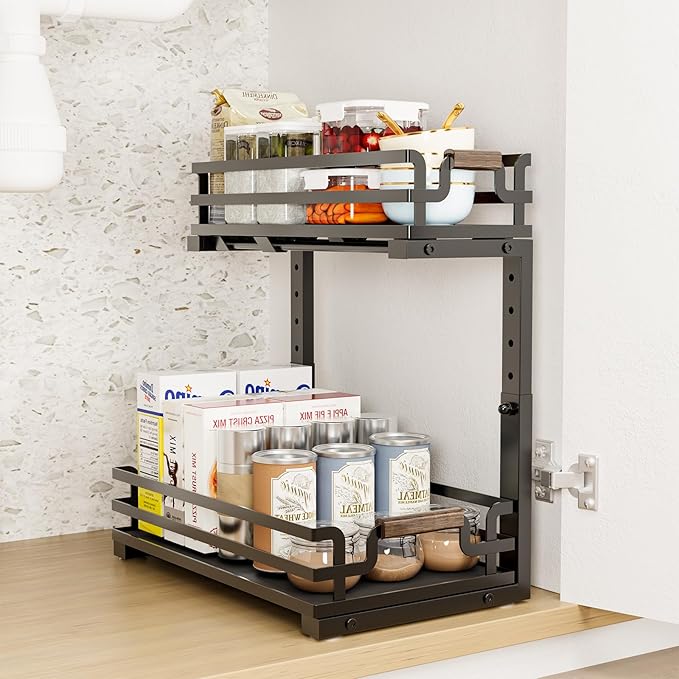 Under Sink Organizers, 2 Tier Slide Out Under Sink Organizers, Under Sink Storage for Bathroom Kitchen (1 Pack)