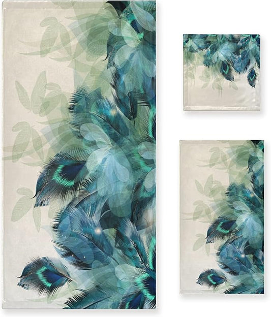 Bath Towels Set,Soft Absorbent Watercolor Peacock Feather Teal Turquoise Floral Green Leaf Print 3 Piece Bathroom Towels,1 Bath Towel,1 Hand Towel,1 Washcloth,Decorative Towels for Spa,Gym