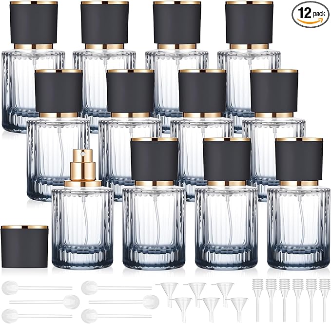 12 Pcs 30/50/100ml Empty Glass Perfume Bottles Bulk Pack for Perfume Makers Refillable Atomizer Cologne Bottles DIY Vintage Fragrance Packaging Glass Bottling Supplies (Black,50 ml)