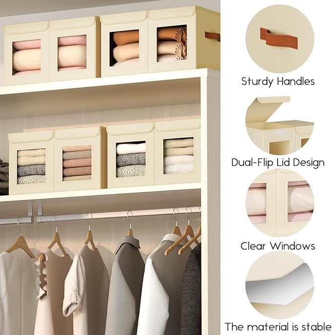 Large Closet Storage Bins - Collapsible Divided Clothes Organizer with Lids & Dual Window, Fabric Organizing Bins for Clothes, Sweater, Bedroom, Office (Beige, 3 Pack)