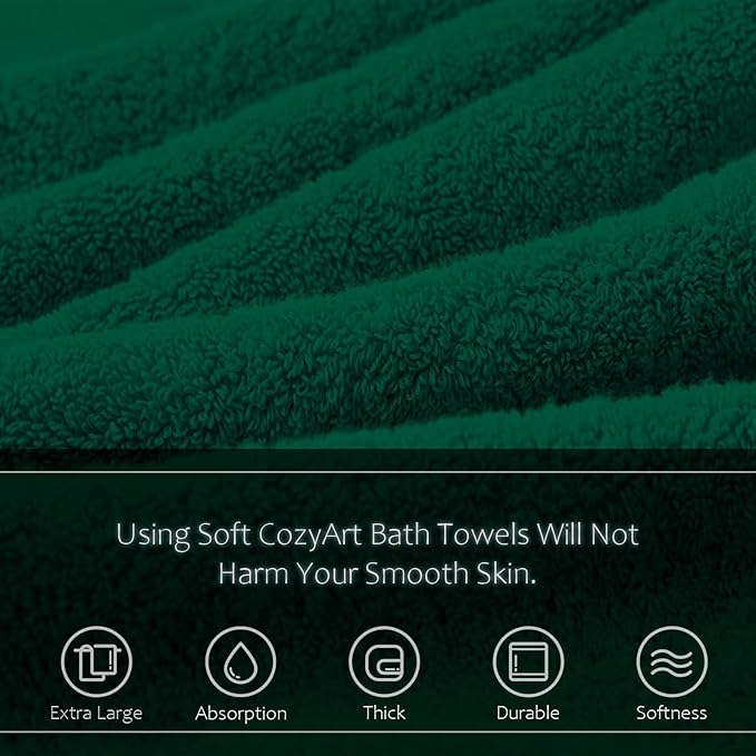 COZYART Dark Green Bath Towels for Bathroom 2 Pcs, 27x54inch Cotton Bath Towel Set Super Soft Highly Absorbent Durable 650 GSM Shower Towels for Daily Use