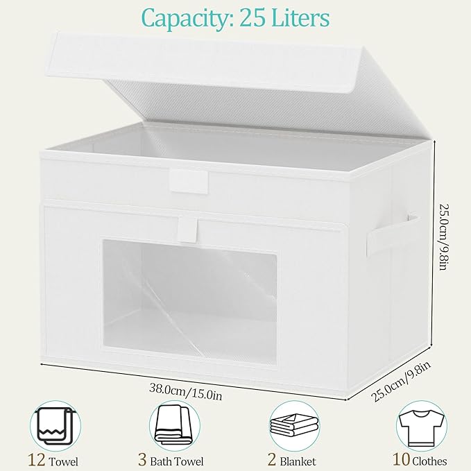 Transparent Window Storage Bin, Cube Organizer Basket with Flip-Top Lid and 2 Handles, Decorative Boxes with Cover, 4 Pack, White, 15 x 9.8 x 9.8 In, XSNY17WL-4