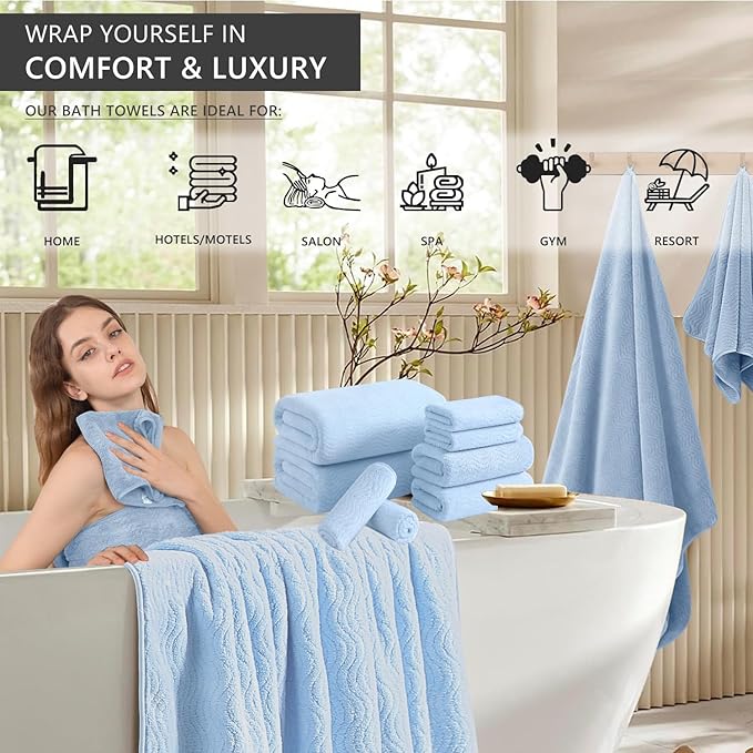 8 Piece Bath Towel Set Blue — 2 Oversized Large Bath Sheet,2 Hand Towels,4 Washcloths — Ultra Soft Cozy Bath Towel Set for Bathroom Hotel Gym Spa,Highly Absorbent & Quick Dry Bathroom Towel Collections