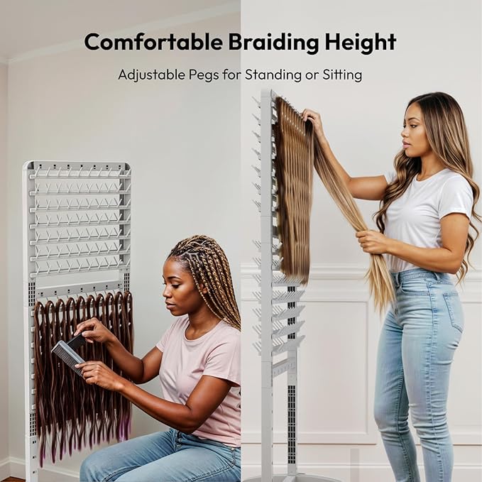 280 Pegs Braiding Hair Rack with Tray and Tools, Height Adjustable, 2-Side Braid Rack with Wheels, Standing Braider Hair Stand Separator Extension Holder Perm Accessories for Salon Home