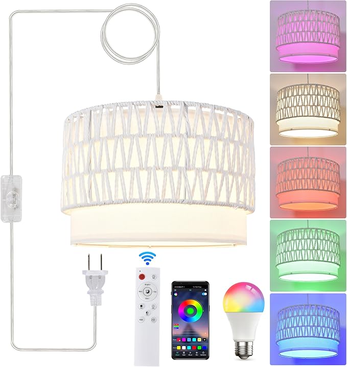 Plug in Hanging Lamp with RGB Smart Bulb Plug-in Cord Pendant Light with 15ft Cord Fixture Pendant Lights for Bedroom Kitchen Living Room Dining Room