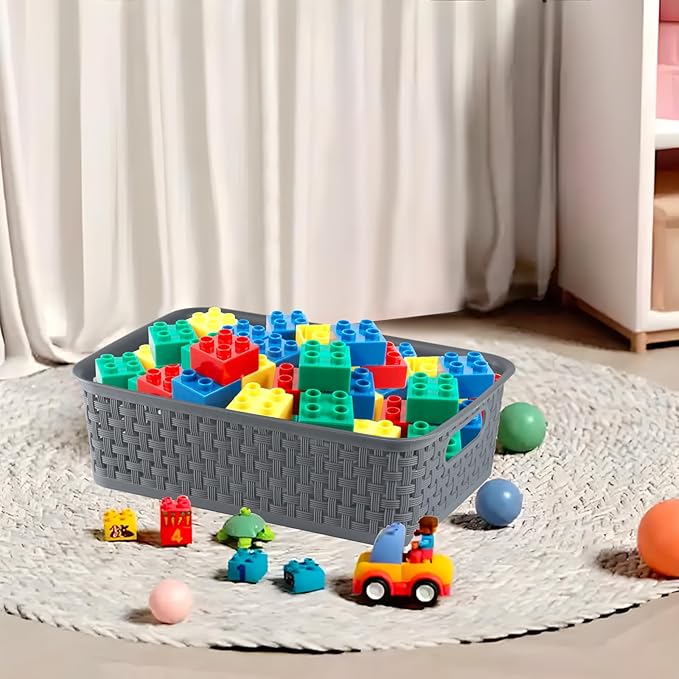 Plastic Storage Baskets - 6 Pack, Gray, Woven Storage Organizer Basket Small Stackable Plastic Weave Baskets, 10.6 x 7.2 x 3.1 inches