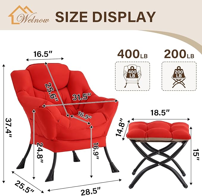 Welnow Lazy Chair with Ottoman, Modern Lounge Accent Chair with Armrests and a Side Pocket, Leisure Sofa Armchair Set, Reading Armchair with Footrest for Small Space, Red