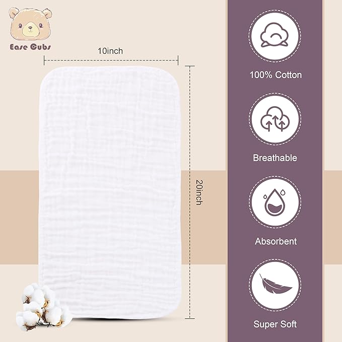 Muslin Burp Cloths Large 100% Cotton Hand Washcloths for Boys & Girls, Baby Essentials Extra Absorbent and Soft Burping Rags for Newborn Registry (White & Green, 24-Pack, 20" X10")