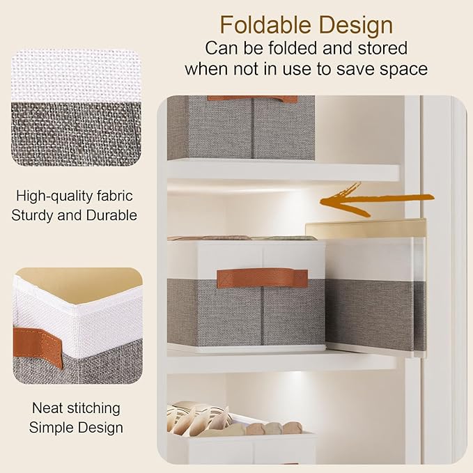 5 Pack Collapsible Storage Baskets, Fabric Foldable Storage Cubes for Organizing, Clothes Organizer Boxes with Handles, White and Gray, 15 x 6 x 5 Inch