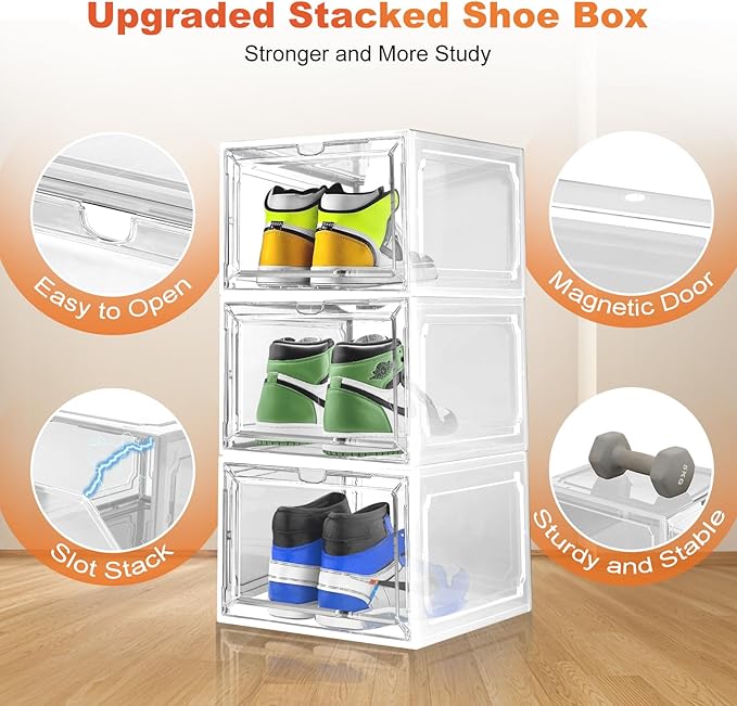 Shoe Box, Clear Shoe Storage Organizer with Magnetic Door,Stackable Plastic Shoe Boxes for Sneakers,and Heels,Durable Shoe Cabinet Organizer Space-Saving Foldable Shoe Rack for Closet, (clear, 4 pcs)