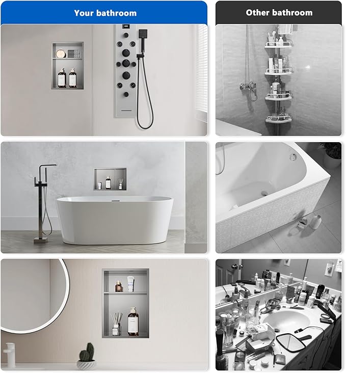 QAOYEDE Shower Niche Insert No Tile Needed, 18"x12" Stainless Steel Niche for Shower Wall, Recessed Shelf for Bathroom Storage 2 Layer,Brushed Nickel