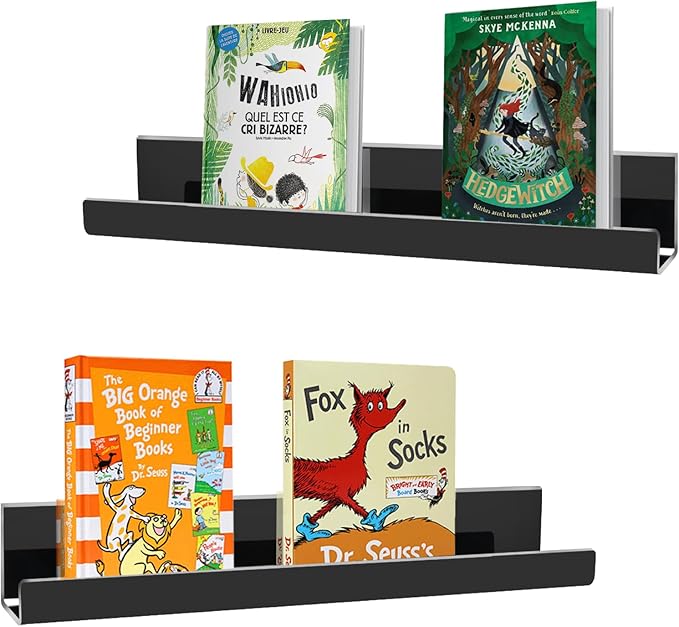 2 Pack Magnetic Book Shelf for Classroom, Strong 8.8lb Magnet Acrylic Whiteboard Shelves, Teacher Supplies Organizer for Kids Books, Posters, Flash Cards, Classroom Accessories Storage (Black)