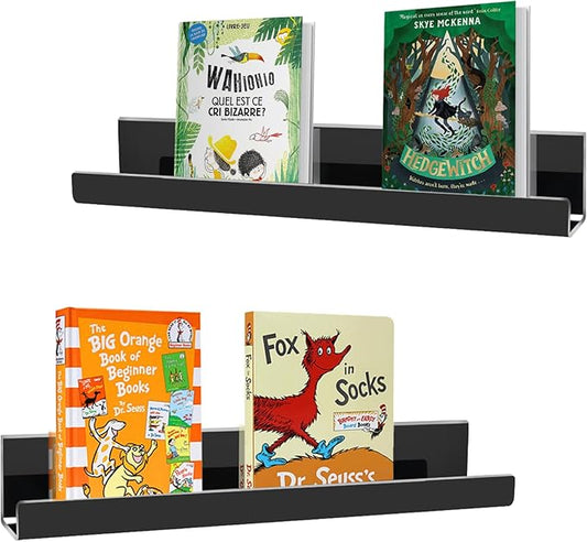 2 Pack Magnetic Book Shelf for Classroom, Strong 8.8lb Magnet Acrylic Whiteboard Shelves, Teacher Supplies Organizer for Kids Books, Posters, Flash Cards, Classroom Accessories Storage (Black)
