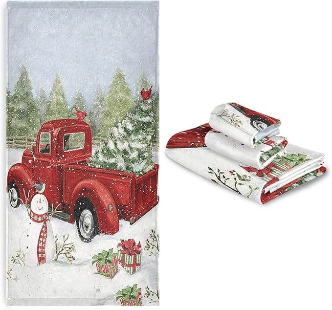 Snowman Red Truck Xmas Tree Towels Set of 3 Christmas Winter Bathroom Towel Soft Absorbent Bath Hand Towels Washcloth Guest Towel Sets Merry Christmas Xmas Bathroom Decor Gifts