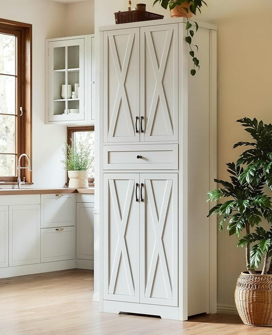 Lyromix 68'' Farmhouse Kitchen Pantry Cabinet with Adjustable Shelves, Tall Storage Cabinet with Barn Doors, Freestanding Versatile Cupboard for Dining Room, White