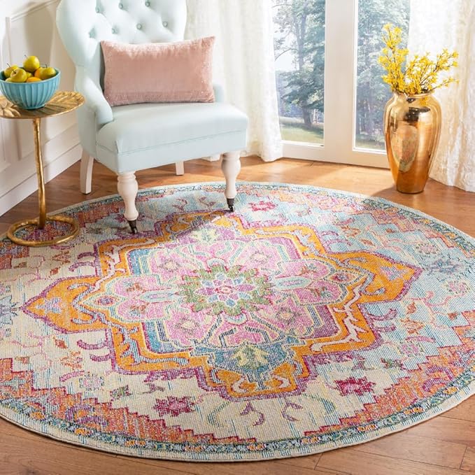 SAFAVIEH Crystal Collection Area Rug - 8' Round, Light Blue & Fuchsia, Medallion Distressed Design, Non-Shedding & Easy Care, Ideal for High Traffic Areas in Living Room, Bedroom (CRS501B)