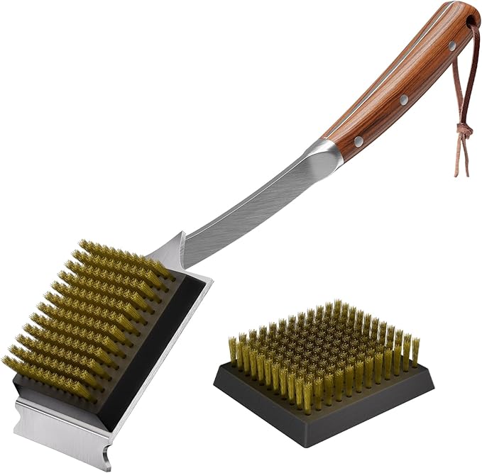 Grill Brush and Scraper for Barbecue, 17" Grill Brush for Outdoor Grill, Extended Rosewood Handle and 2 Replaceable Copper Wire Brush Heads, Grill Cleaning Brush Grill Accessories for Most Grill
