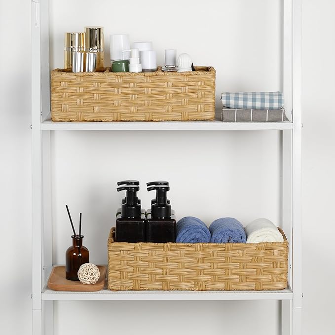 Bidtakay Small Wicker Baskets for Organizing Woven Baskets for Storage 2-Pack Waterproof Imitation Wicker Narrow Storage Bins for Shelves Towels Baskets for Washroom Natural