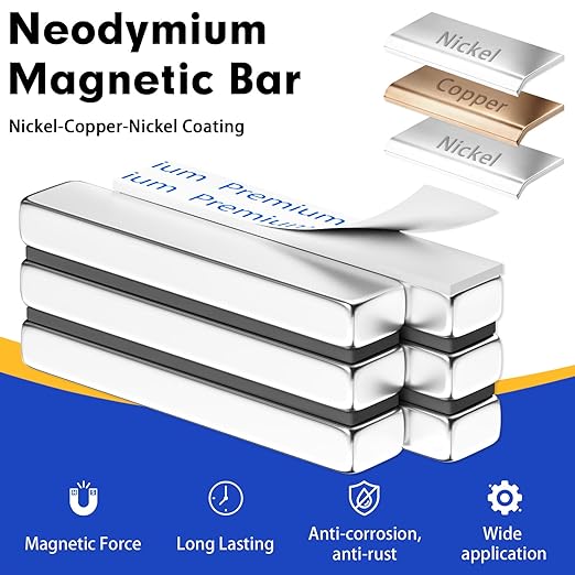 Grtard 4 Pack Neodymium Bar Magnets, Rare Earth Magnets Metal Neodymium Magnet with Double-Sided Adhesive for Fridge and Office Projects, 40x10x5mm(Silver)