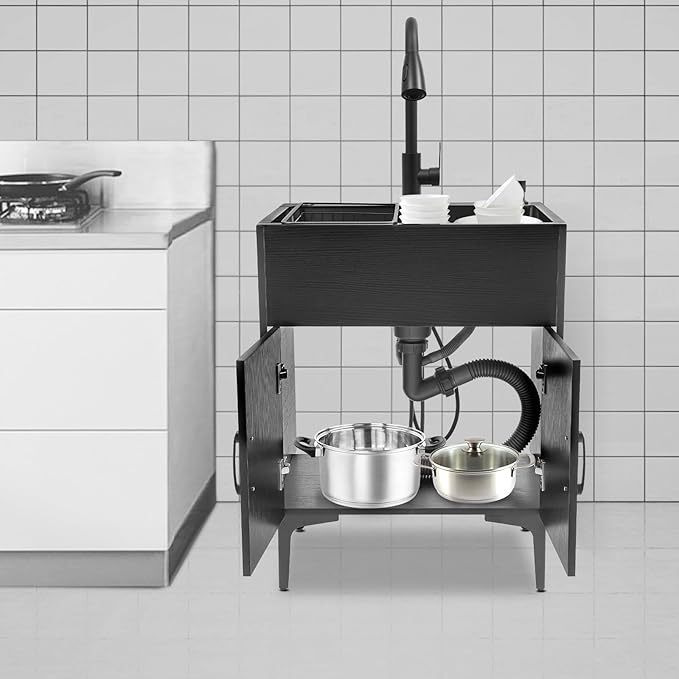 Laundry Sink Cabinet with Pull-Out Faucet, Stainless Steel Freestanding Utility Room Sink with Cabinet Utility Tub for Bathroom Laundry Room Kitchen (23.62x17.72in Black)