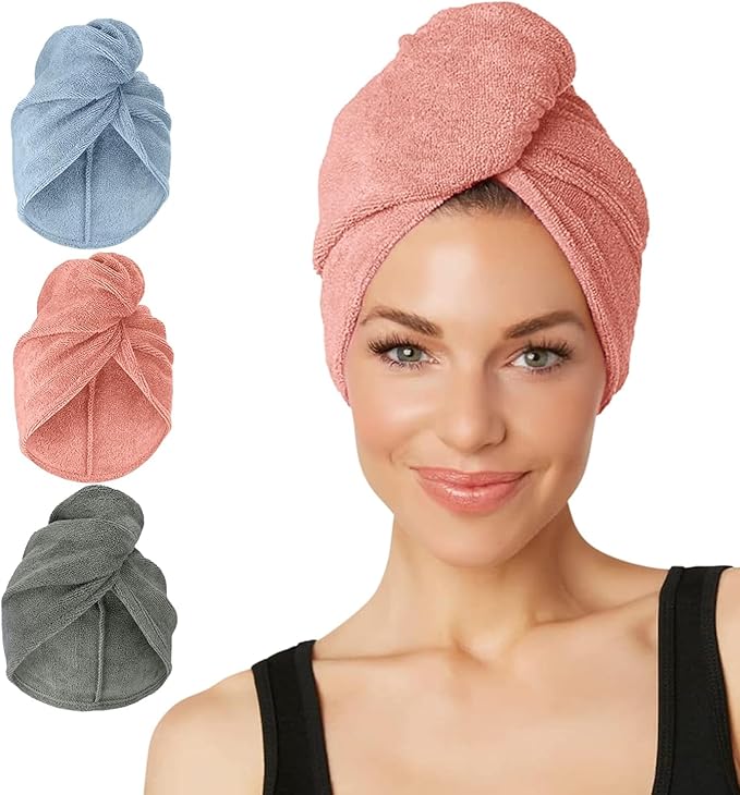 Turbie Twist 3-Pack Microfiber Hair Towel for Beauty, Travel, Gifting - Hair Wrap Turban for Straight, Wavy & Curly Hair - Premium Personal Care - Gray, Blue & Pink