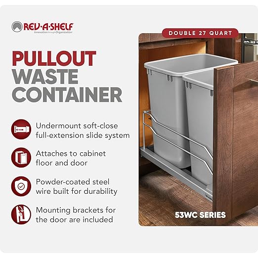 Rev-A-Shelf Double Pullout Trash Can for Base Kitchen Cabinets 27 Quart 12.5 Gallon with Soft-Close Slides, Metallic Silver, 53WC-1527SCDM-217