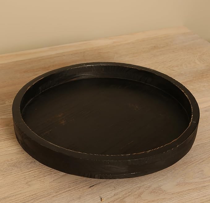 13.38 Inch Rustic Round Wood Lazy Susan for Table Top - Wooden Turntable Serving Tray Distressed Farmhouse Turntable Tray, Cabinet Organizer(Black)