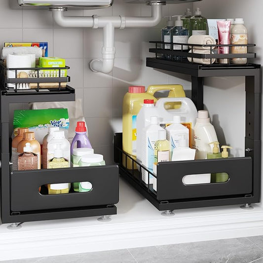 Under Sink Organizer Upgrade To Professional Rails,2-Tier Dual Pull Out Cabinet Storage,Height Adjustable Slide Out Drawers For Bathroom Kitchen,2 Pack-14.5"Dx12.8"-16.9"H,Black