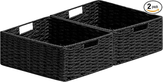 joybest Black Wicker Baskets, Woven Paper Rope Storage Baskets for Organizing, Foldable Rectangular Storage Organizer Bins for Shelves with Built-in Handles 13L x 10W x 5H inch, 2-pack